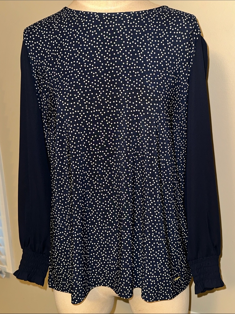 Anne Klein Navy and White Polka Dot Top with Gold Accent